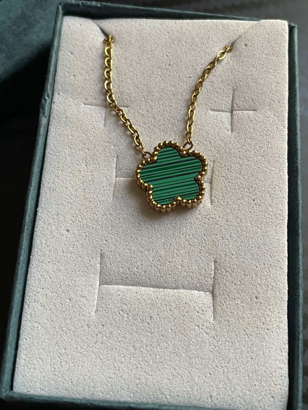 Gold Clover Pendant Necklace with Green Inlay - Women Jewelry